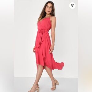 Lulus Manhattan Moment Berry Pink Ruffled
Midi Wrap Dress Size M